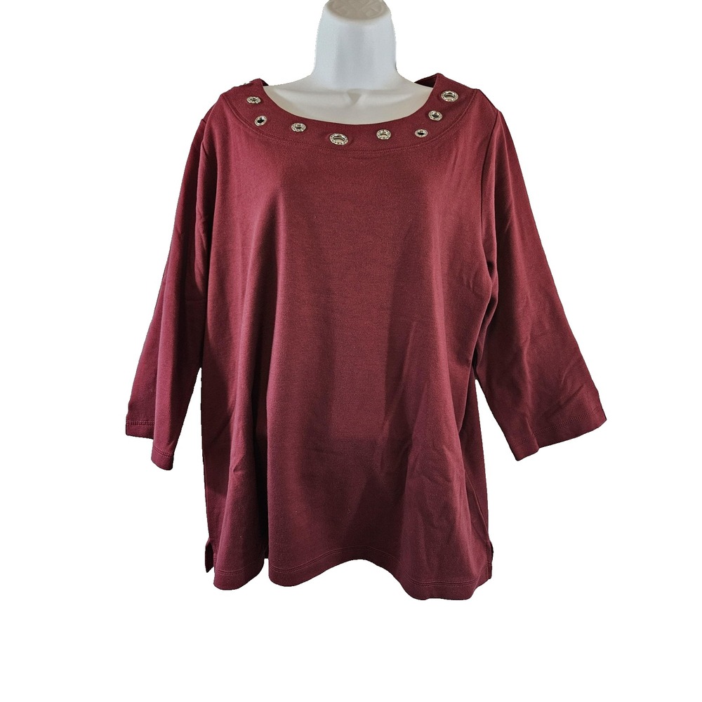 Quacker Factory Top Womens XL Maroon Grommet Neckline 3/4 Sleeve Pullover NWT